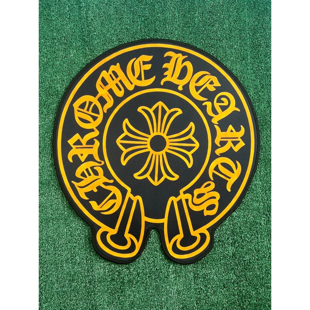 Chrome Hearts Horseshoe Logo Rug Black Yellow Circular Floor Mat 24in